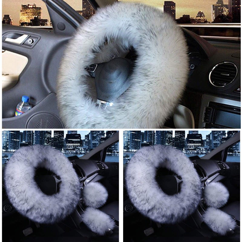 SPANICE 3 Pcs Car Steering Wheel Cover & Handbrake Cover & Gear Shift Cover Set Faux Wool Warm Winter (White&Gray) - Image 3
